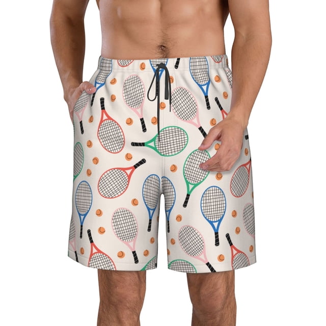 Wukai Cute Tennis Racket Print Beach Trunks with Compression Liner Swimsuit Quick Dry Beach Sports Shorts with Pocket-XX-Large