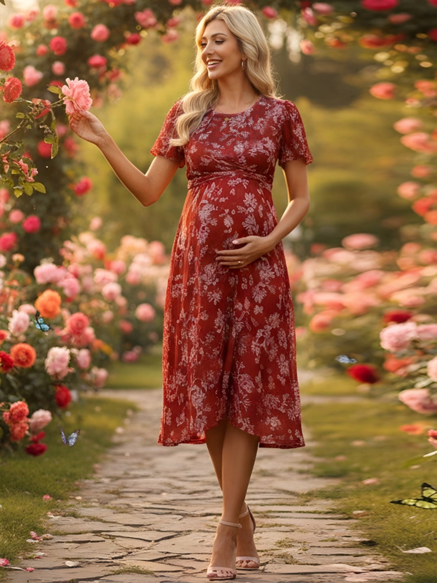 DARING DIVA Women's Maternity Flowy Pregnancy Dress 2XL Brown Dress & White Flower