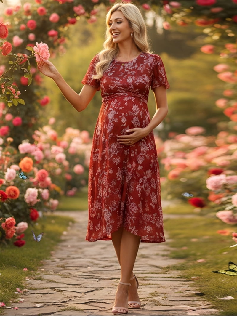 Daring Diva Women's Maternity Flowy Pregnancy Dress S Brown Dress & White Flower, Size: Small, Multicolor