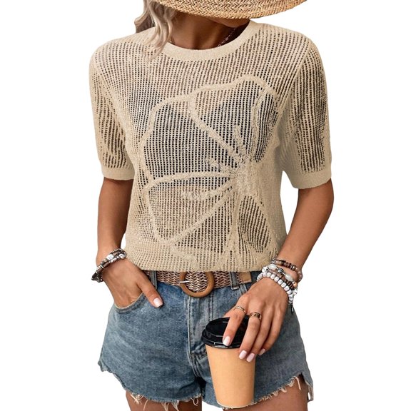 Women's Summer Short Sleeve Crochet Tops Hollow Out Floral Sweaters Beach Vacation Cruise Outfits Color S