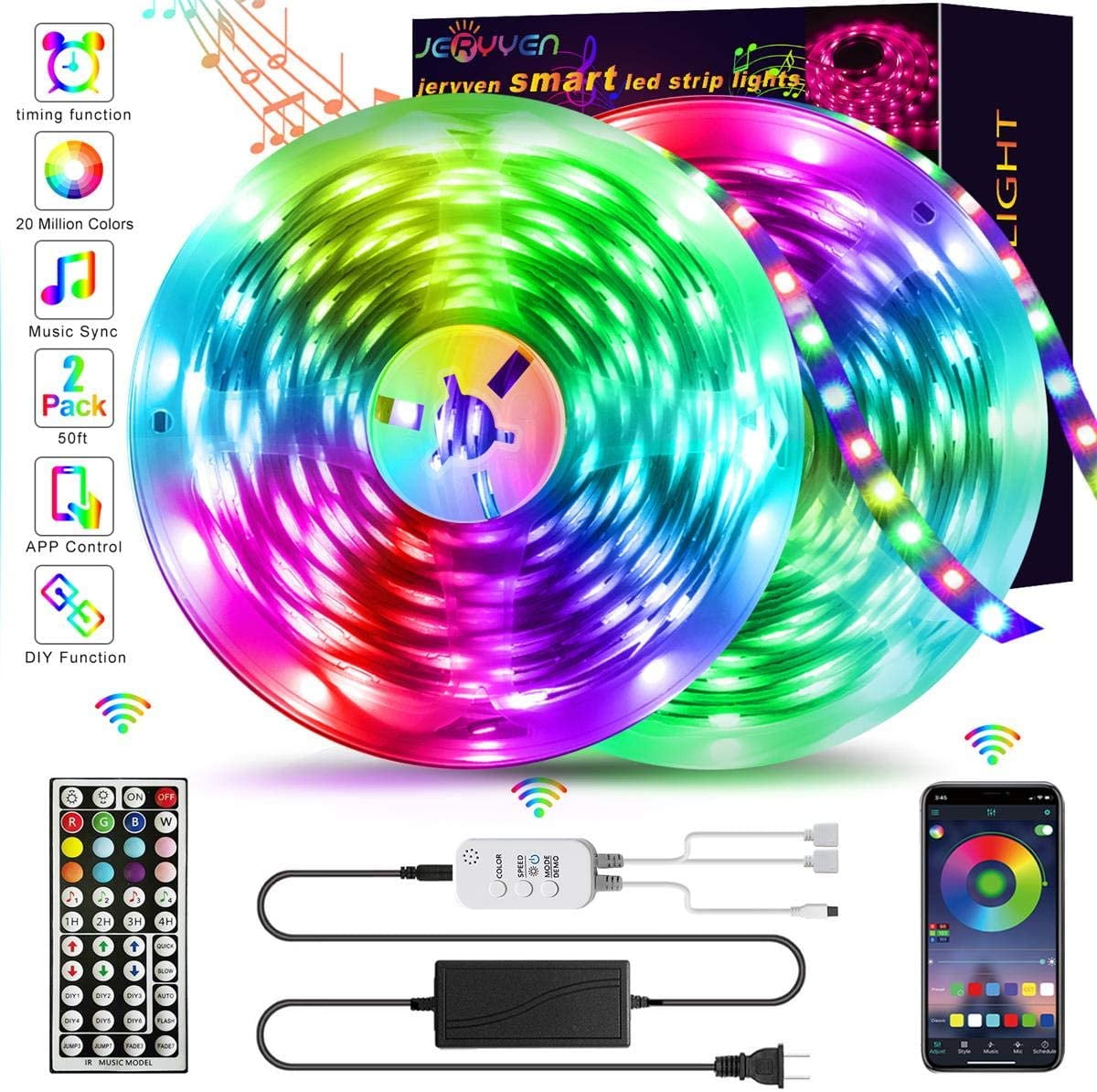 65ft 50ft Music Sync 5050 LED Strip Lights Mic Bluetooth Control Color Changing 