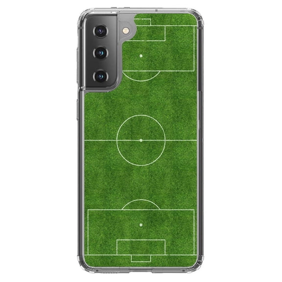 DistinctInk Clear Shockproof Hybrid Case for Galaxy S21  PLUS 5G (6.7" Screen) - TPU Bumper, Acrylic Back, Tempered Glass Screen Protector - Soccer Field Layout