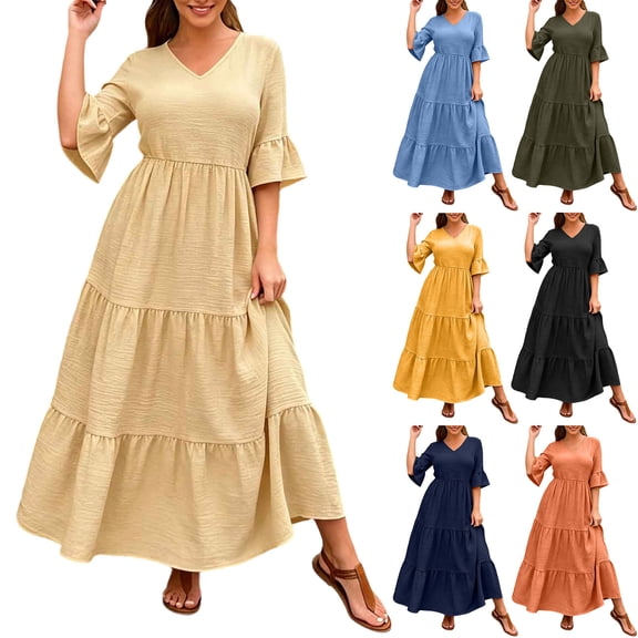 Horkkom Tiered Dress Women Plus Size Summer V Neck Maxi Dresses A Lined Casual Beach Sundresses XXL