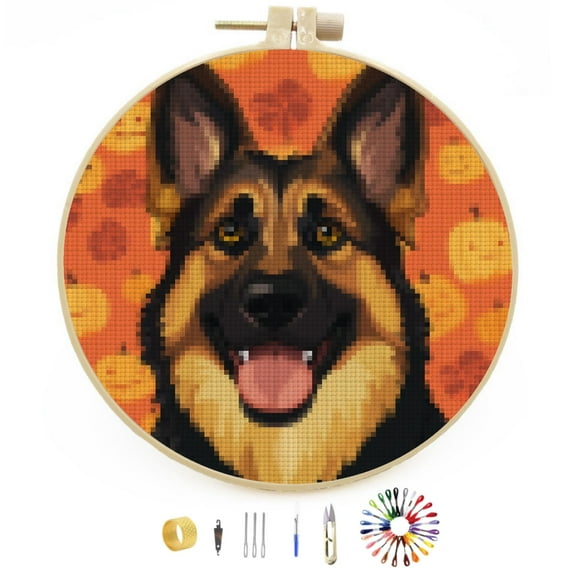 Happy Halloween German Shepherd Dog DIY Stamped Cross Stitch Kits Easy for Beginners with Hoop 11CT Counted Embroidery Needlepoint Crafts Arts for Handmade Enthusiasts and Home Decor 30x30cm(4)
