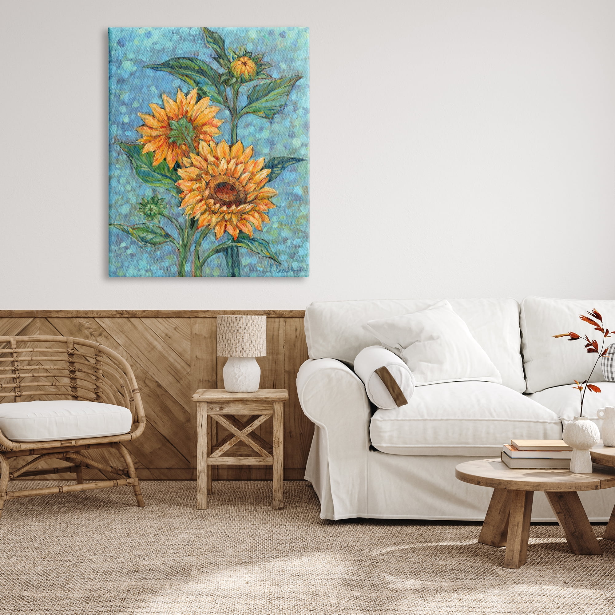 Stupell Industries Budding Sunflowers on Blue Botanical & Floral Painting Gallery Wrapped Canvas Art Print Wall Art, 36 x 48