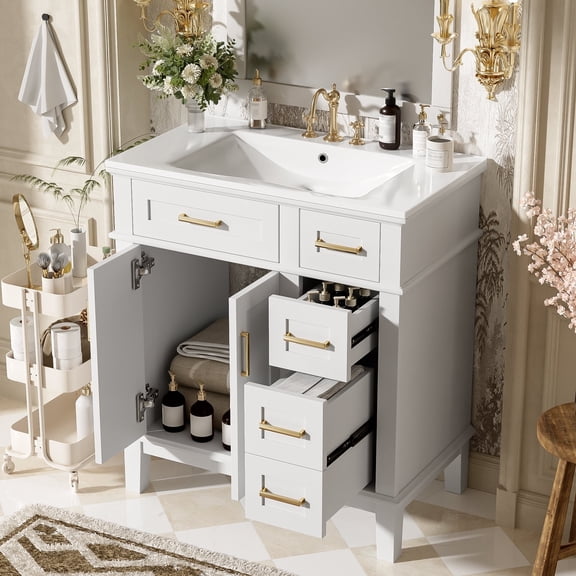 DTTRA 30" Freestanding Bathroom Vanity with Ceramic Sink, Modern Wood Storage Cabinet with 2 Soft-Close Doors, Deep Drawer & Standard Drawer, Zinc Alloy Handles, White