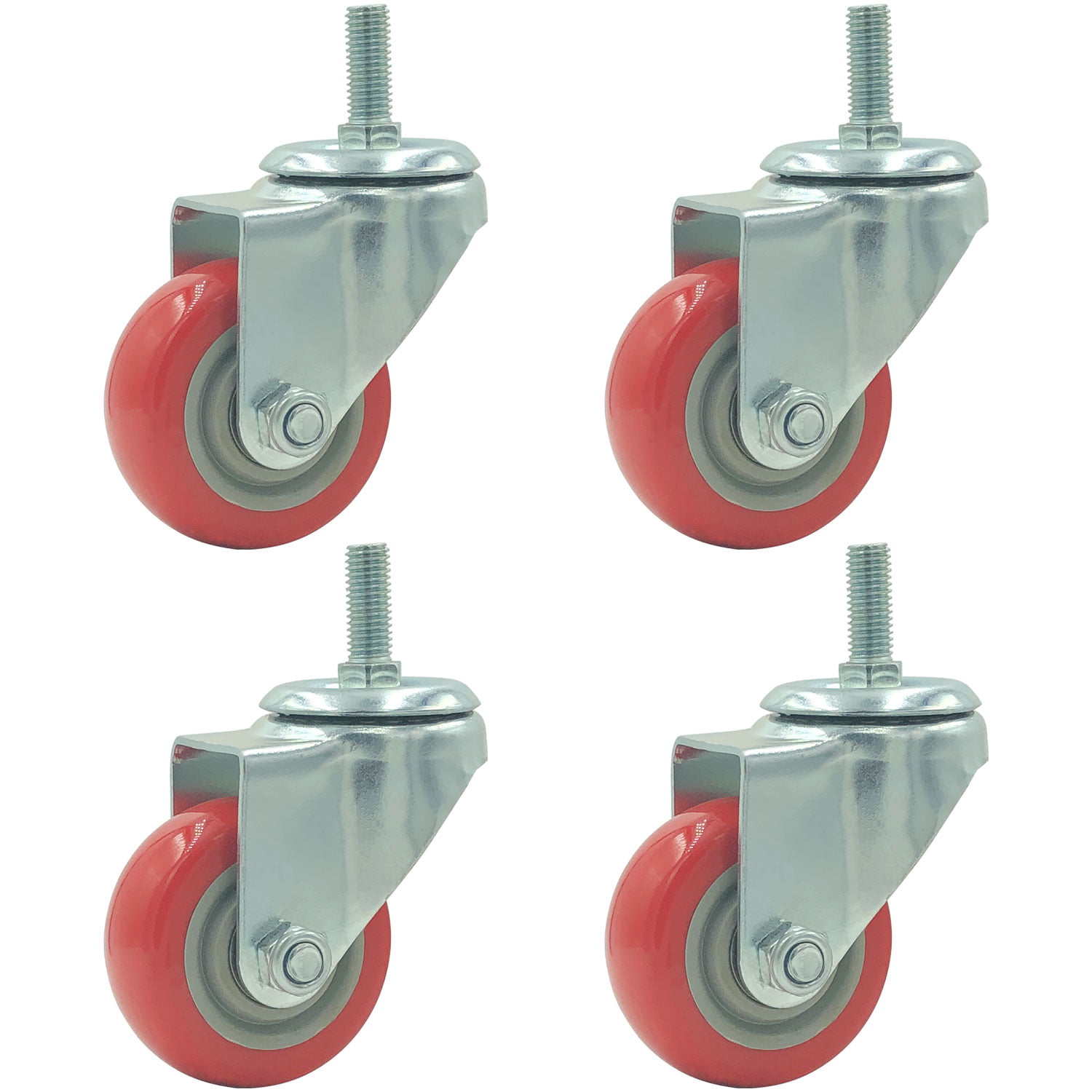 8 Pack 3 Inch Caster Wheels Swivel Plate with Brake Red Polyurethane PU