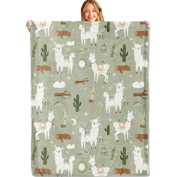 Cartoon Llama Green Throw Blanket 50x60in, Soft Lightweight Flannel, Animals Desert Star Moon Cactus Wood Heart Blankets - Gifts for Woman, for Couch Office Travel Home Living Room Party Decor