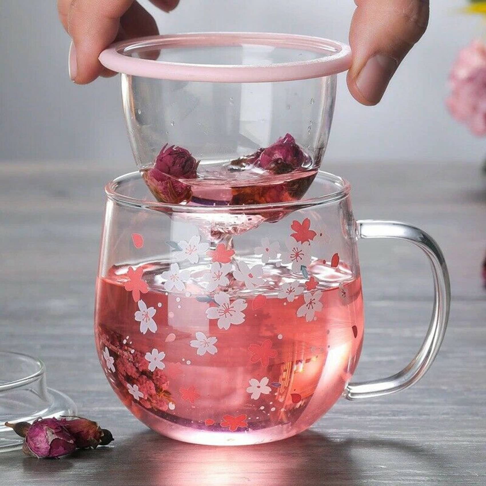 Tasse Sakura tasse en verre avec infuseur à thé filtre et couvercle fleurs  de cerisier tasse ensemble fleurs fleur tasse à thé 300Ml verres à boire 