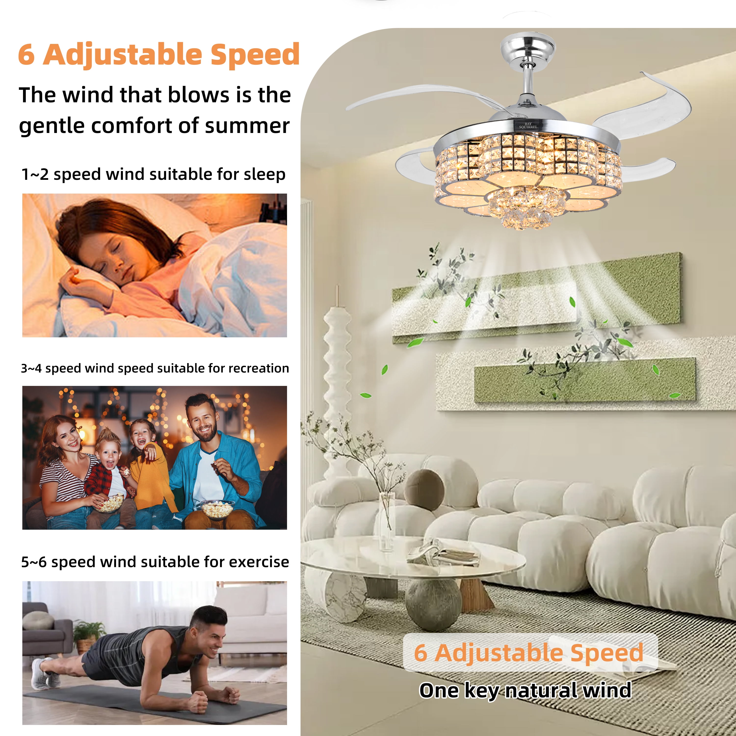 BAYSQUIRREL Retractable Crystal Ceiling Fan with RGB LED Light, Bluetooth Speaker, Remote/APP Control, 6 Speeds & Reversible Blades