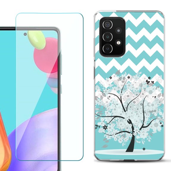 Slim-Fit Flexible Gel TPU Phone Case compatible with Samsung Galaxy A52 5G, with Tempered Glass Screen Protector, by OneToughShield ® - Chevron/Teal/Tree