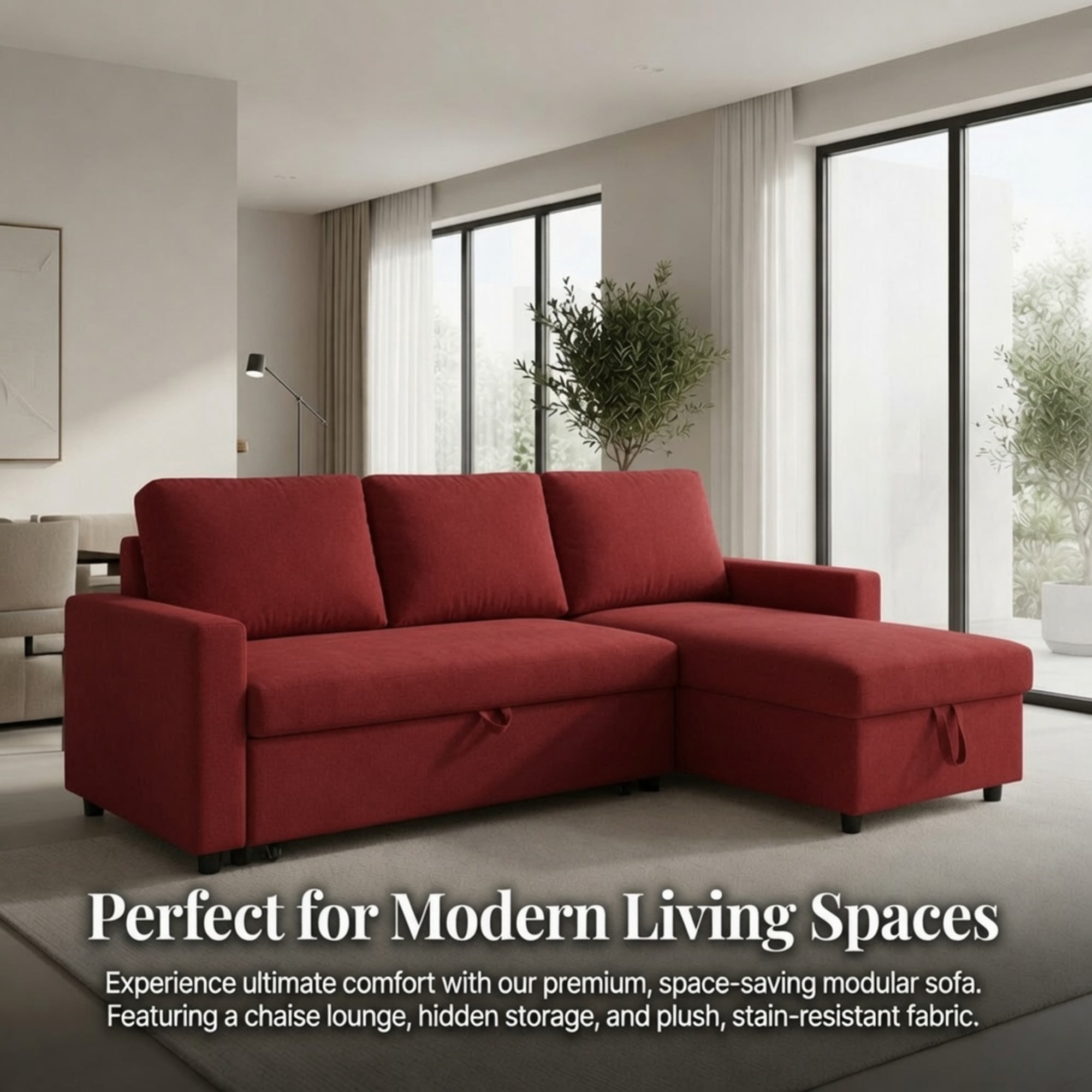 TiramisuBest L-Shaped Convertible Sofa Bed with Reversible & Storage Chaise,84"W Fluffy Flannel Sectional Sleeper for Living Room,Red