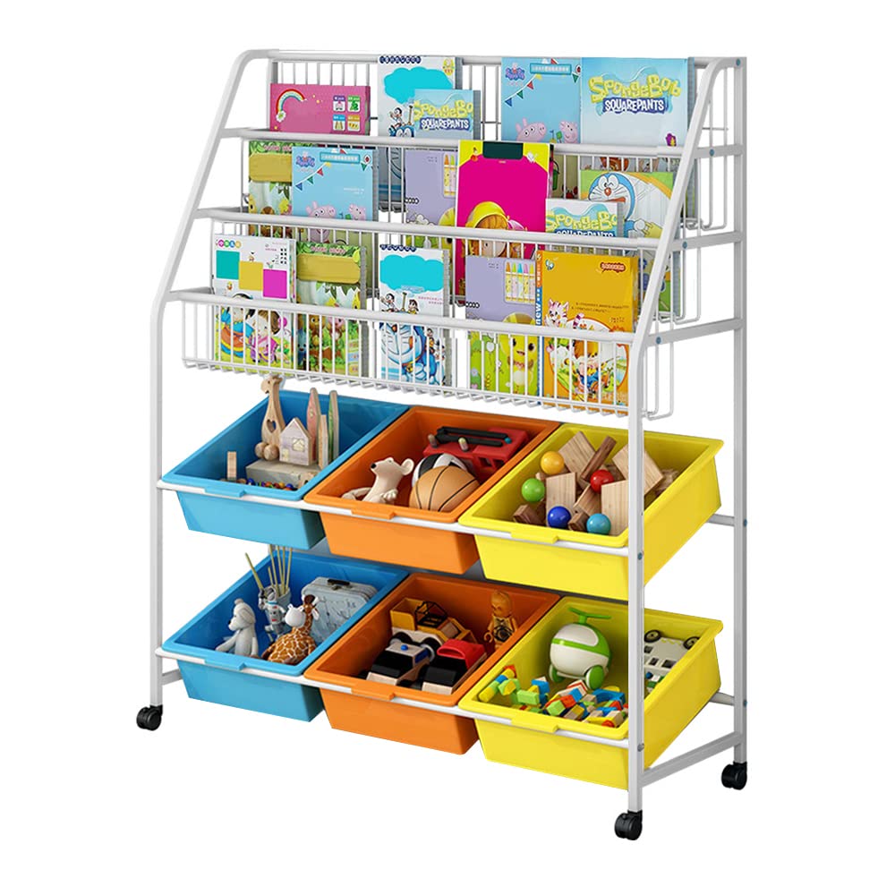 GEROBOOM Book Organizer，5Tier Metal Bookcase and Toy Rack with 6 Cube Bins，Removable Bookshelf