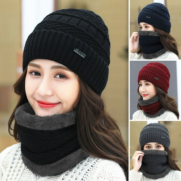 Skymirror 2Pcs/Set Women Hat Scarf Warm Neck Thicken Knitted Winter Hat Face Cover for Outdoor