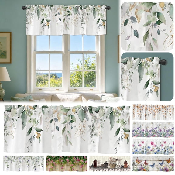 CoreLiving Kitchen Valances for Windows, Watercolor Lavender Leaves Printed Short Half Window Curtain Topper, Decorative Window Treatment for Living Room Bedroom Cafe, 1 Pack