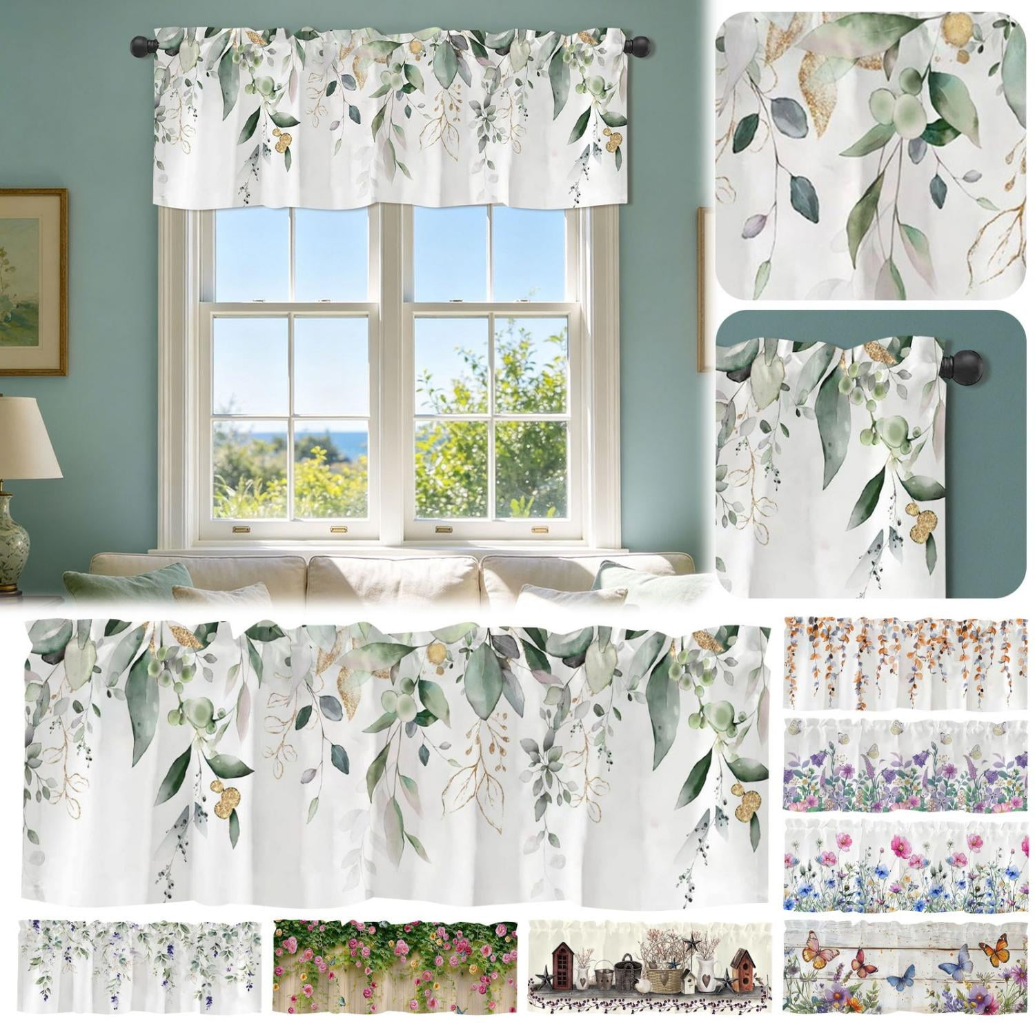 CoreLiving Kitchen Valances for Windows, Watercolor Lavender Leaves Printed Short Half Window Curtain Topper, Decorative Window Treatment for Living Room Bedroom Cafe, 1 Pack