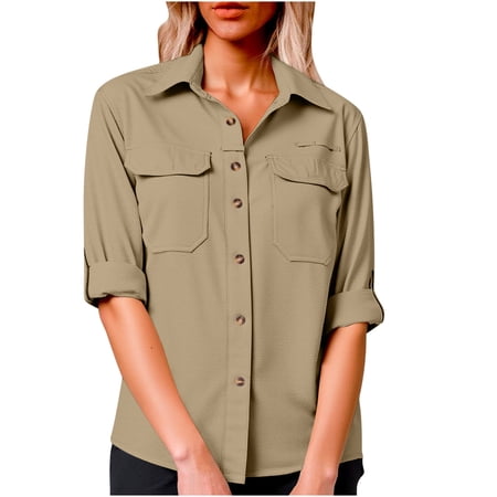 Hinvhai Women s Sun Protection Fishing Shirts Long Sleeve Travel Work Shirts with Pockets Khaki S(S)