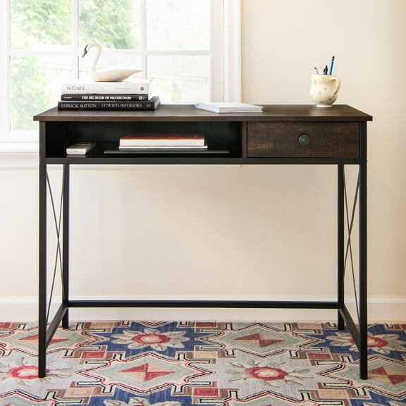 DecorTech Industrial Metal and Wood 30 "H Writing Desk with Drawer, Walnut