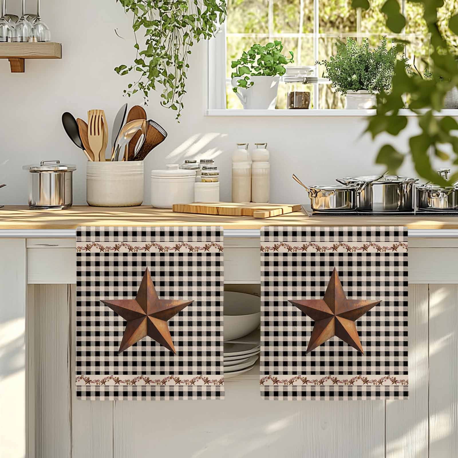 Texas Star Vintage Kitchen Towels Set of 2, Retro Country Brown Stars Checkered Absorbent Dish Towels for Kitchen, Microfiber Hand Towel, Quick Drying Tea Towel for Cleaning Decorative Dishcloths