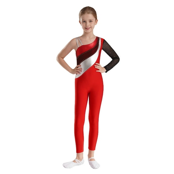 iiniim Kids Girls Shiny Rhinestone Metallic One Shoulder Long Sleeve Gymnastics Romper Catsuit Red 10