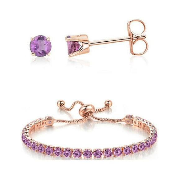 PJ Jewelry 10k Rose Gold 7Ct Amethyst Round Adjustable Tennis Bracelet & Earrings Set Plated