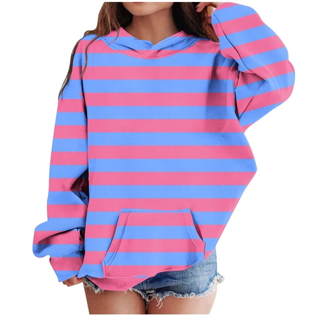 HAiming Chandails à Capuche pour Filles Manches Longues Col Rond Rayé Chandail Chandails en Molleton Automne Hiver 2025 Blouse Décontractée avec Poches