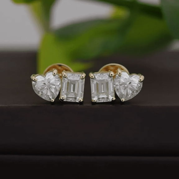 Radiant Jewelry Heart & Emerald Cut Moissanite Stud Earrings, 2.00 CT GRA Certified, Toi et Moi Two-Stone Earrings, 14k Yellow Gold Plated 925 Silver