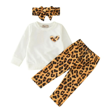 

Zlekejiko GirToddler Girls Autumn Long Sleeve Love T Shirt Tops Leopard Pants Headband 3pc Suit Children s Clothes
