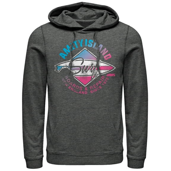 Men's Jaws Amity Island Surfboard Repair  Pull Over Hoodie Charcoal Heather 2X Large
