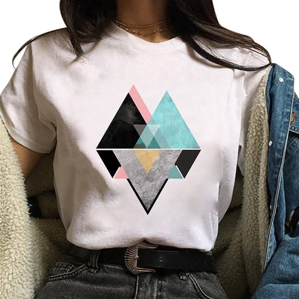 Pntutb Camiseta suelta de cuello redondo para mujer con estampado gráfico geométrico de moda para mujer Pntutb Pntutb-3810