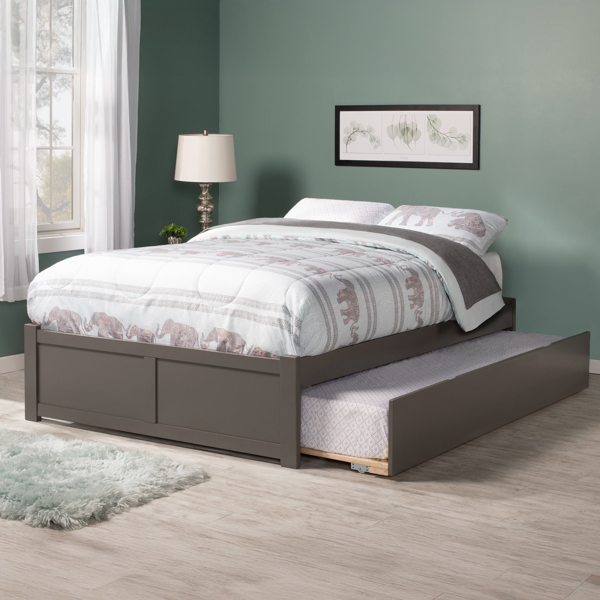 AFI Concord Full Solid Wood Platform Bed with Footboard & Twin Trundle, Grey