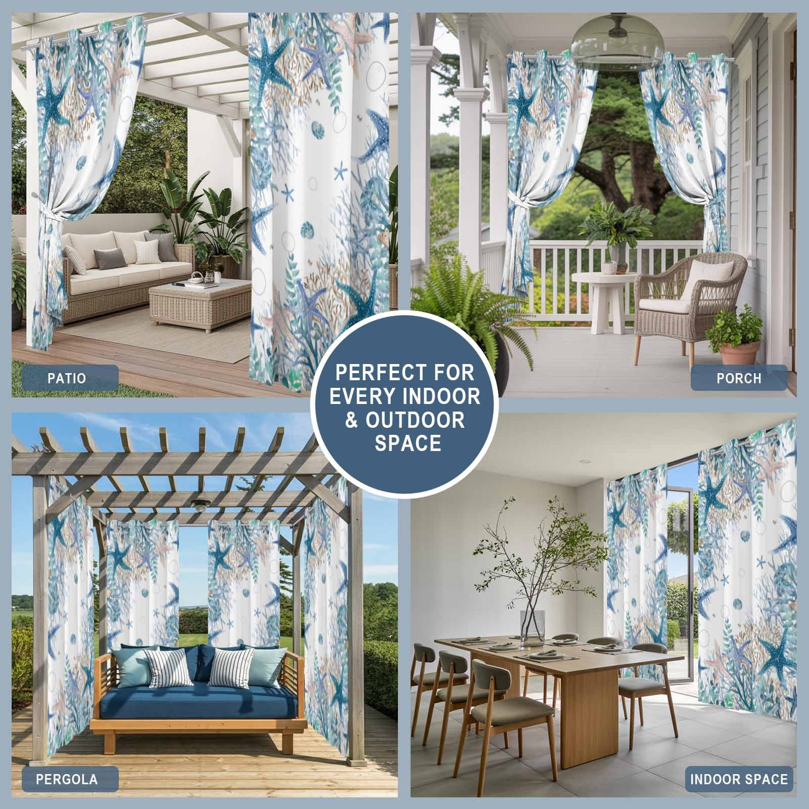 Summer Marine Life Outdoor Curtains for Patio, Watercolor Blue Starfish Ocean Bubble Coral Sunshade Privacy Drapes Grommet Waterproof Outside Curtains for Porch/Cabana/Balcony 54"x 108", 1 Panel