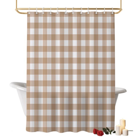 Brown Checks Bathroom Shower Curtains with Hooks, Beige Rustic Gingham Plaid Abstract Modern Waterproof Fabric Washable Shower Curtain for Home Hotel Bathtub Decor 60x72 Inch