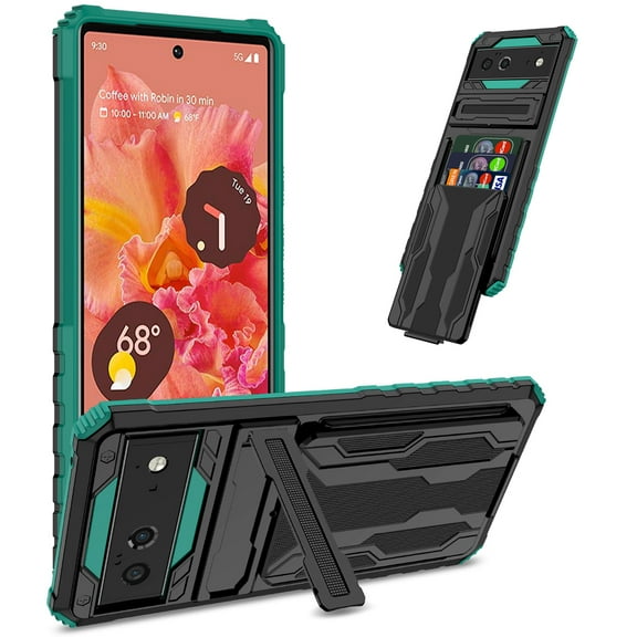 Back Card Holder Case for Google Pixel 6 2021[5G], Pixel 6 Cover 2021, Allytech Hard PC   Soft TPU Hybrid Protection Hands-Free Stand Bracket Anti-Slip Grip Cover for Pixel 6 2021, Darkgreen