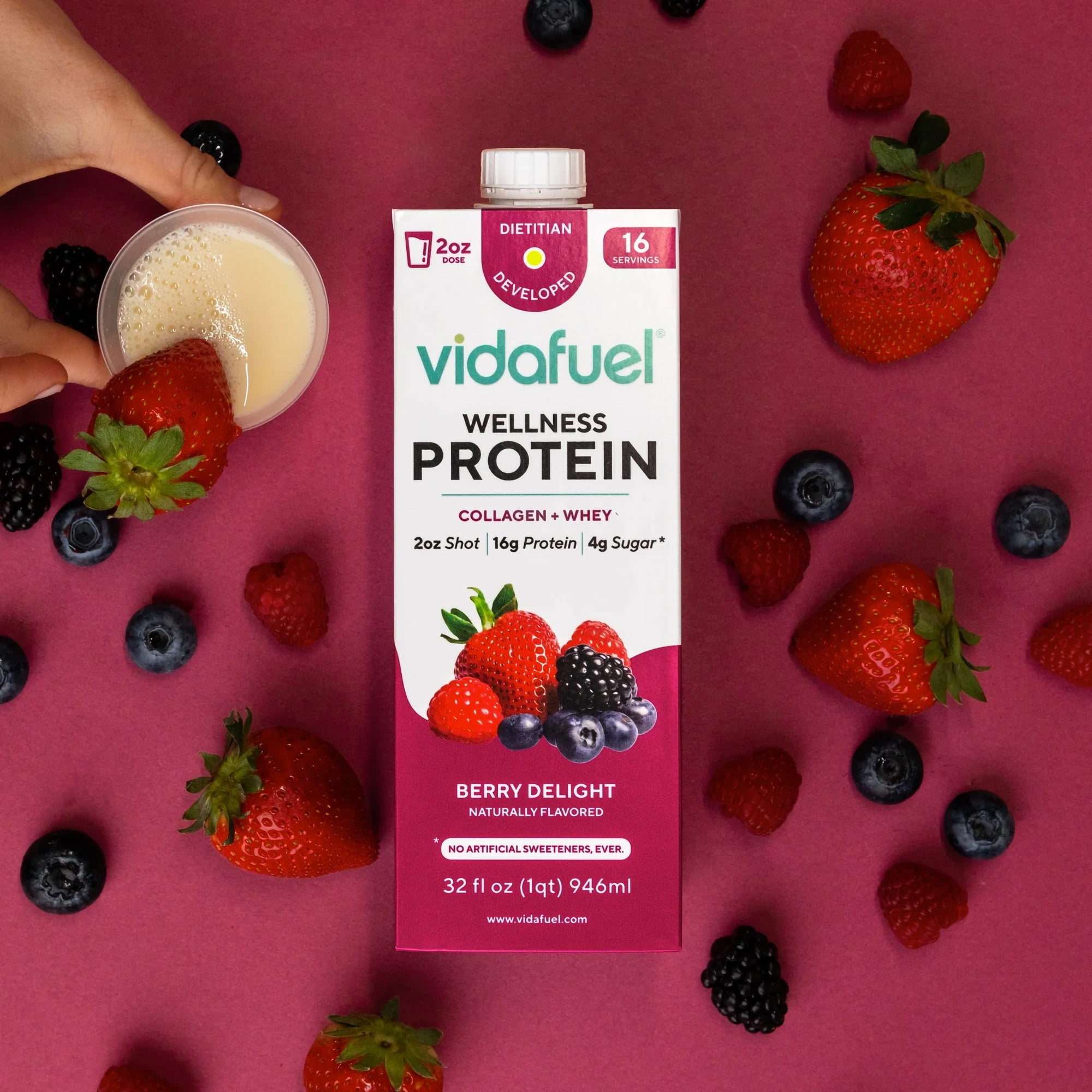 Vidafuel Concentrated Protein Shot - 16g of Protein per 2oz. - Collagen & Whey Protein Drink, No Artificial Sweeteners, 32 fl oz. - Berry, 1 Ct