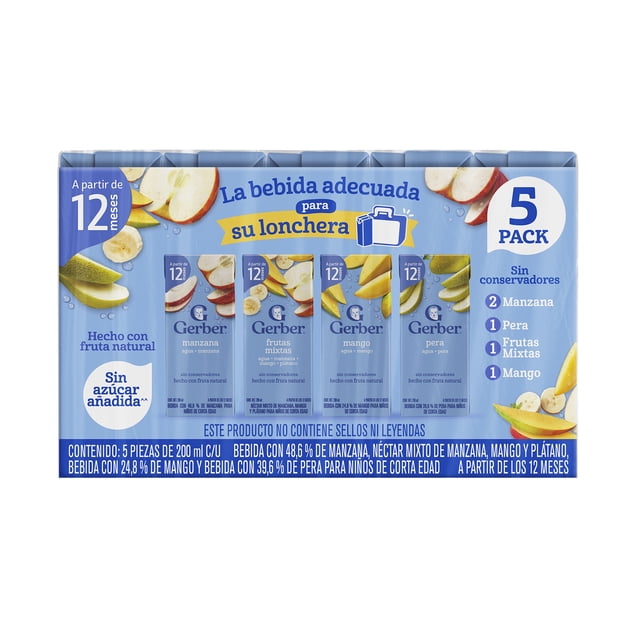Bebidas Gerber 4 Etapa, Pack de 5 Tetrapack Sabor Manzana, Pera, Frutas Mixtas y Mango de 200 ml c/u