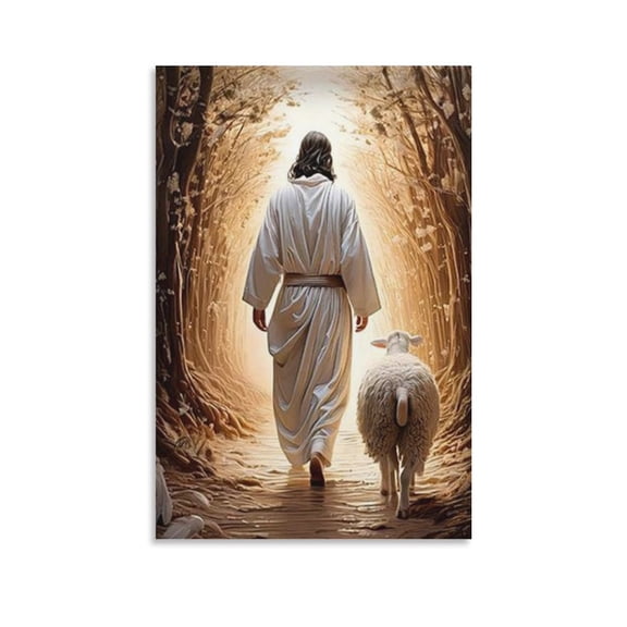 Jesus Christ Wall Art Jesus Walking with The Lamb Canvas Painting Print Bible Golden Picture Poster Poster Decorative Painting Canvas Wall Art Living Room Posters Bedroom Painting 12x18inch(30x45cm)