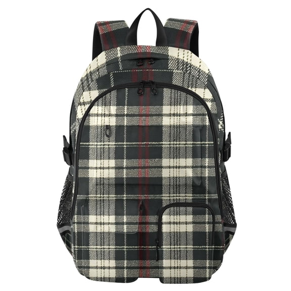 DIXRUYEE Black Red White Plaid Pattern Backpack for School 14”Laptop Compatible with Reflective Safety Strips