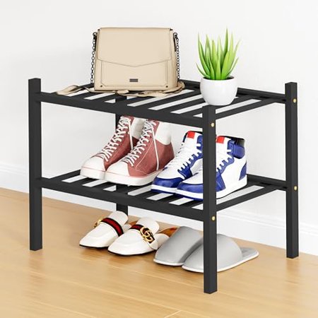 Shoe Rack 2 Tier Small Bamboo Shoe Organizer Stackable Free Standing Wooden Shoe Storage Shelf for Closet Entryway Front Door Entrance Black
