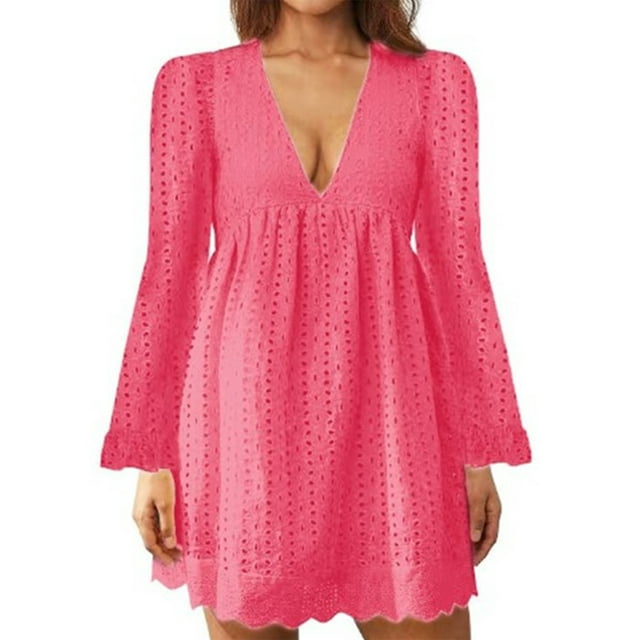 MAWCLOS Ladies Loose Hollow Out Mini Dresses Party Flared Sleeves Short Dress Rose Red 2XL