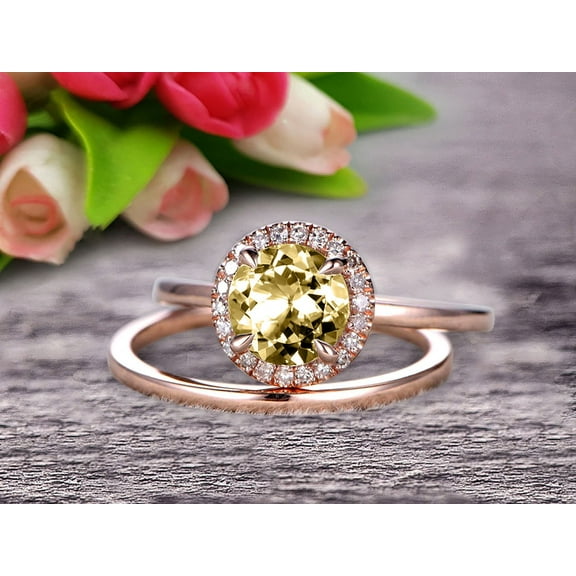 1.25 Carat 6mm Round Cut Champagne Diamond Moissanite Engagement Ring with Plain Matching Band On 10k Rose Gold