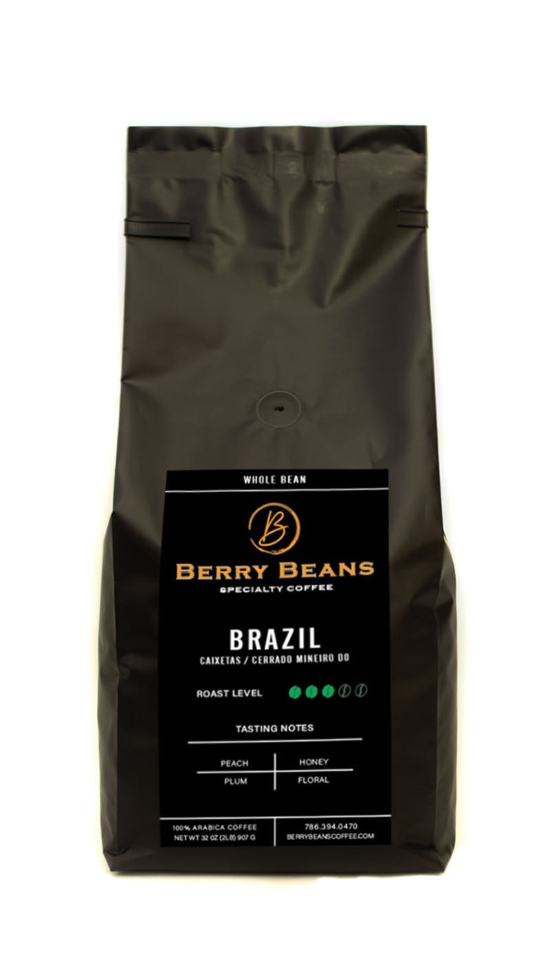 Berry Beans, Specialty Premium Coffee Brazilian, Whole Bean,  Single Origin, Medium Roast, 32oz. (1 Pack)