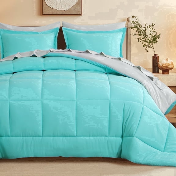 Aisbo 7 Piece Queen Comforter Set with Sheets, Reversible Turquoise/Grey Bed in a Bag Queen, Soft All Season Bedding, Pillowcases & Shams