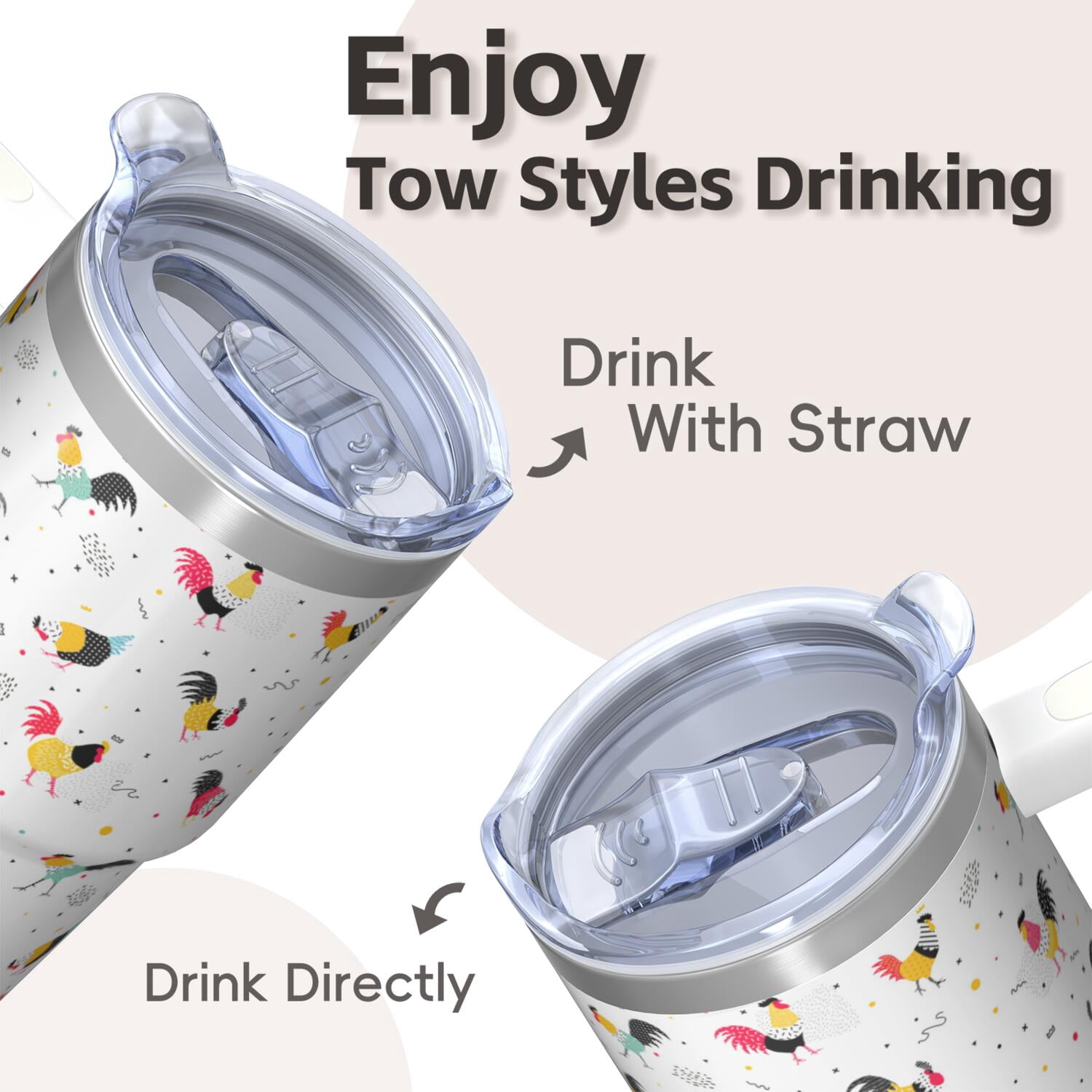 20oz Chicken Pattern Tumbler with Handle Charming Birthday Christmas Gift for Chicken Lovers Women Men Insulated Travel Mug Fits Car Cup Holders Comfortable Grip Easy to Carry Errands Trips