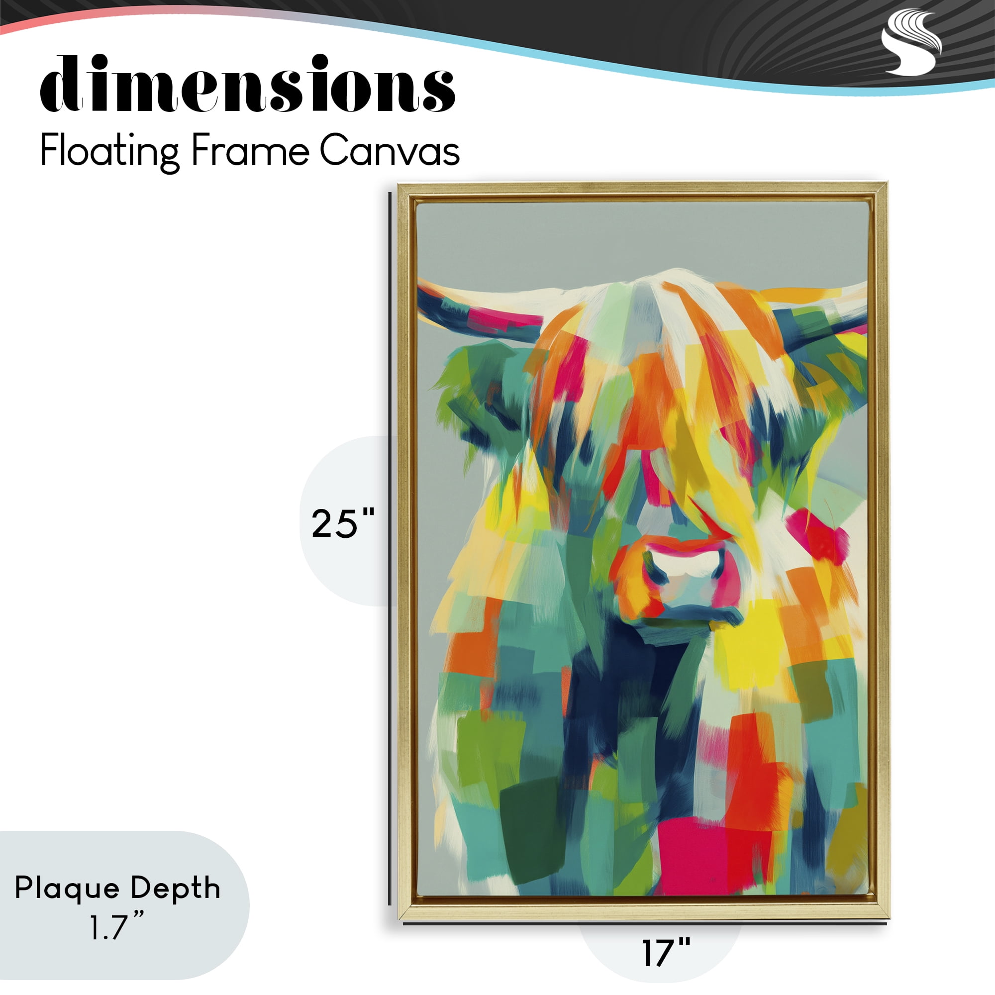 Stupell Industries Highland Cow Abstract Patchwork Gold Framed Floater Canvas Wall Art, design by Chromatic Storm Studio