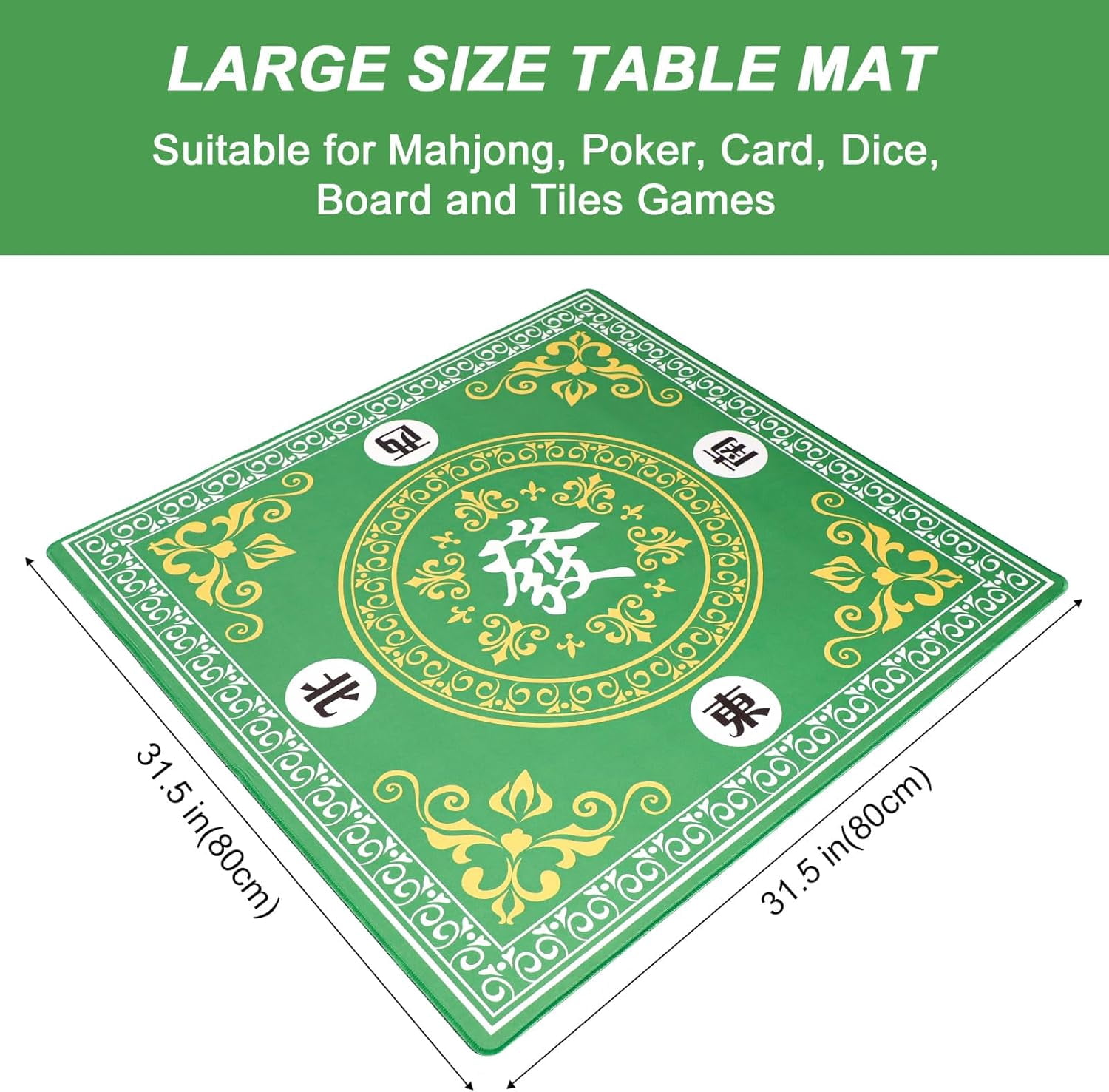 Mahjong Mat,Mahjong Game Table Mat with 3 Dice & Carrying Bag,31.5"x31.5" Green Rubber Anti-Slip Playmat for Mahjong, Card, Board & Tile Games