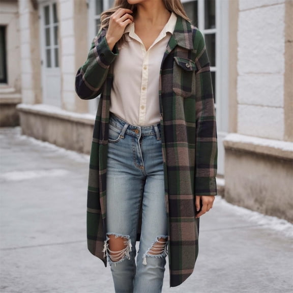 VXARARL Women's Flannel Shirts Long Plaid Shacket Button Down Office Work Jackrts | Flannel Shirt Women Dark Green 2XL