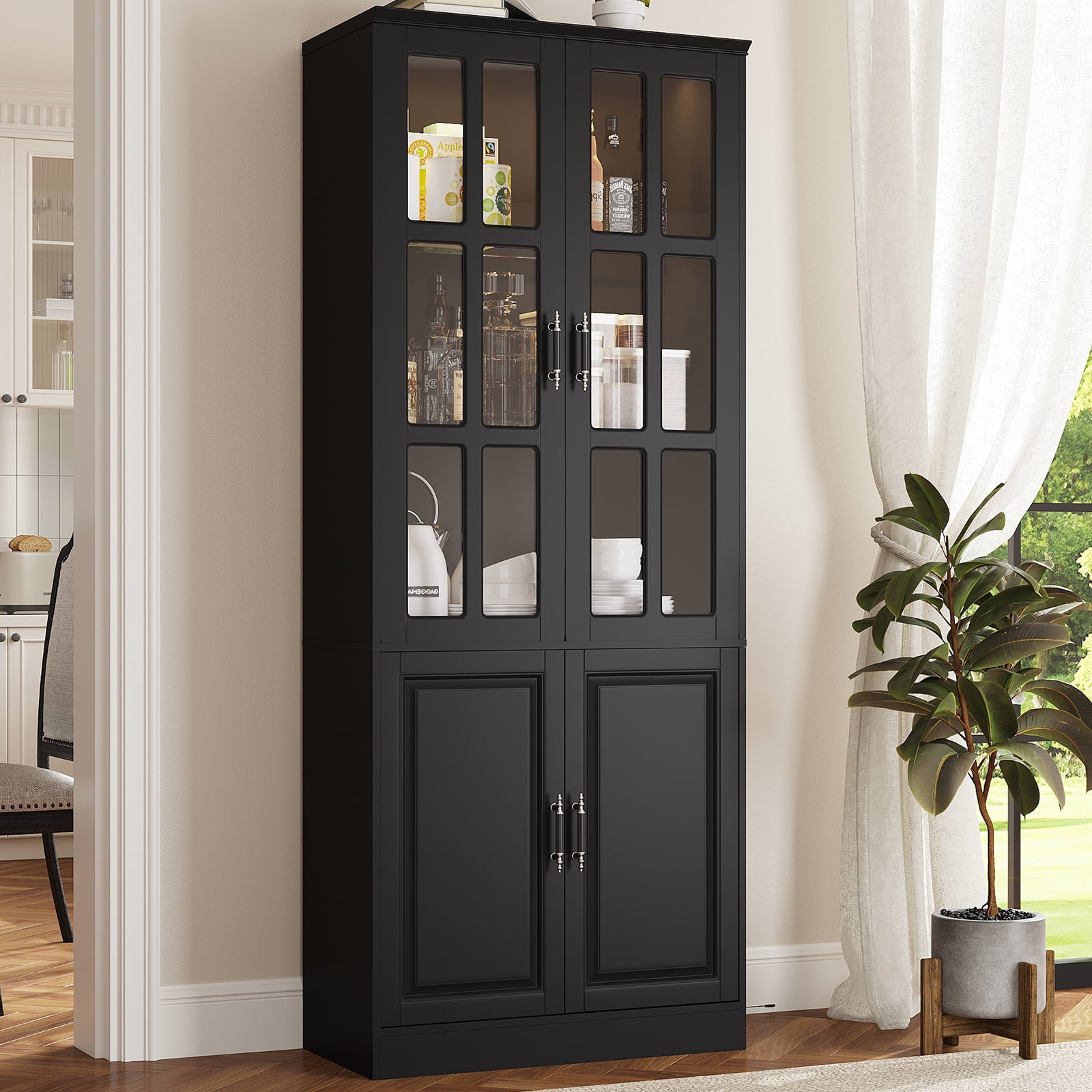 MEISSALIVVE 78.7" Kitchen Pantry Cabinet with Glass Doors & LED Lights, Freestanding Storage Hutch with Shelves, Black Pantry Cupboard, 31.5" W x 15.7" D