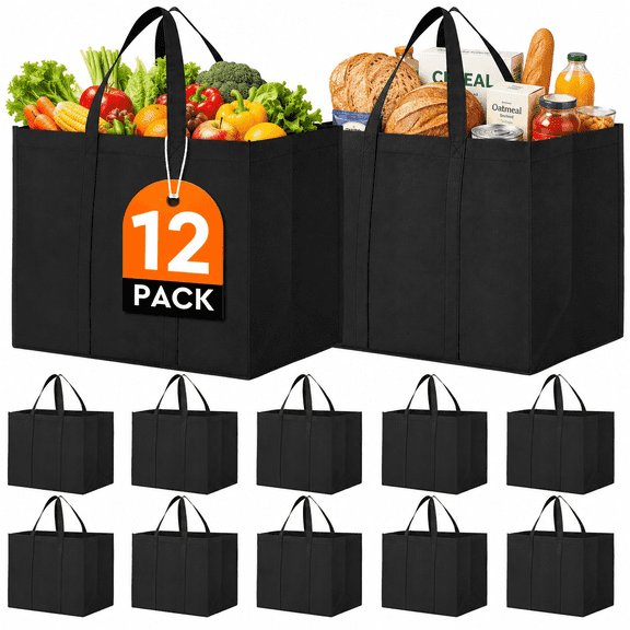 Reusable Grocery Shopping Bags 12 Pack, Large Foldable Tote Bags with Long Handles, Heavy Duty Non Woven Fabric Shopping Bags for Groceries, Clothes, Food Storage and Daily Use, Black