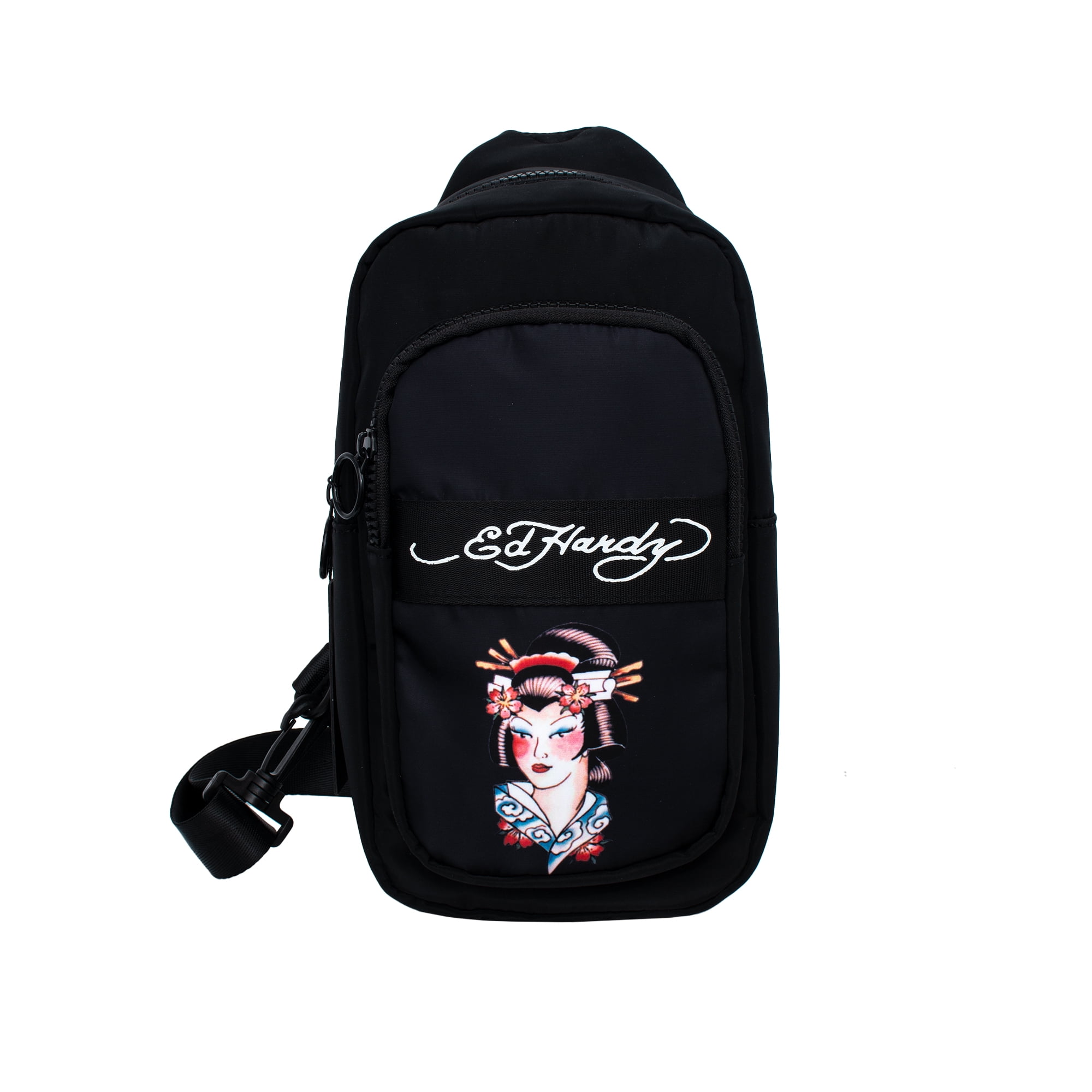 Ed Hardy Unisex Sling Geisha On Black Nylon Sling Bag With Adjustable